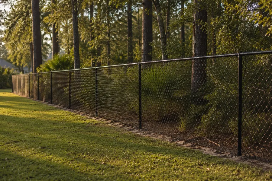 Galvanized chain-link fence with coastal treeline behind it