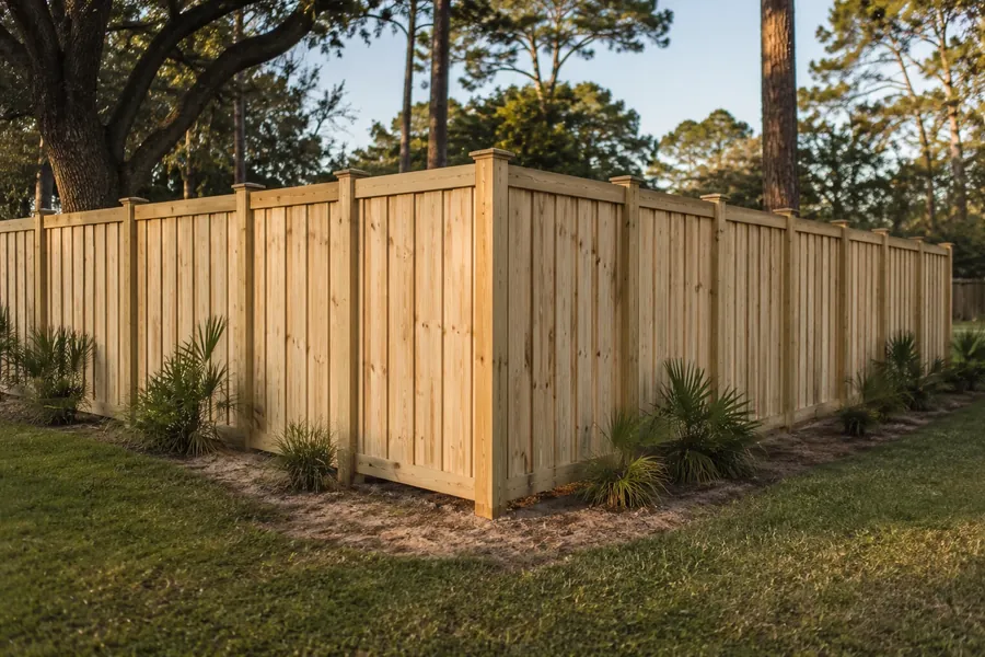Wood privacy fence line against a coastal Cape Fear sky