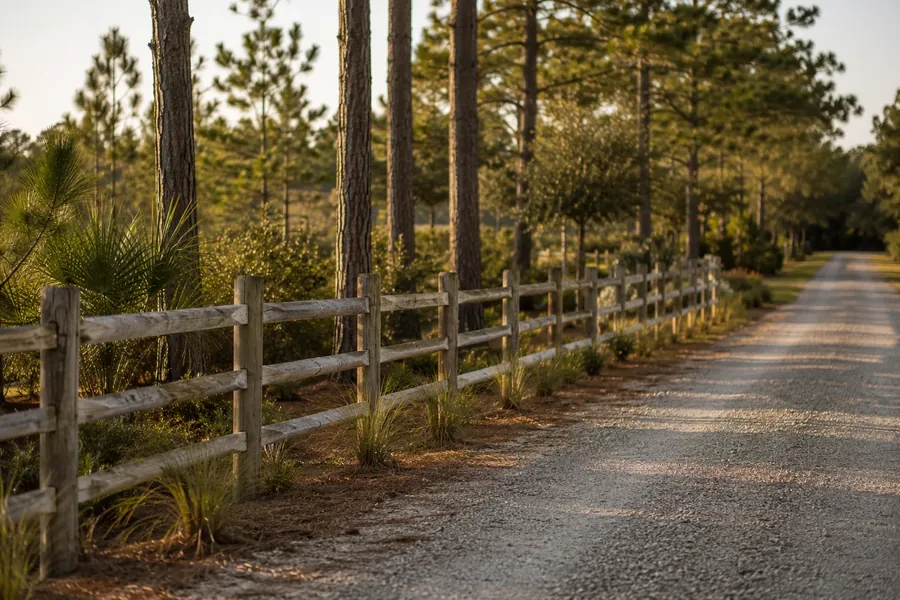 Split-rail farm fence along a rural Pender County property line