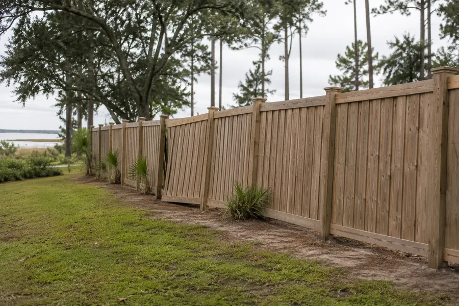 Storm-damaged wood fence leaning after a coastal North Carolina hurricane