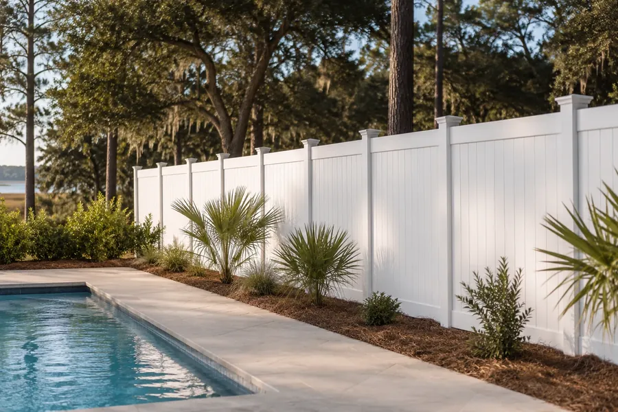White vinyl privacy fence on a coastal North Carolina property